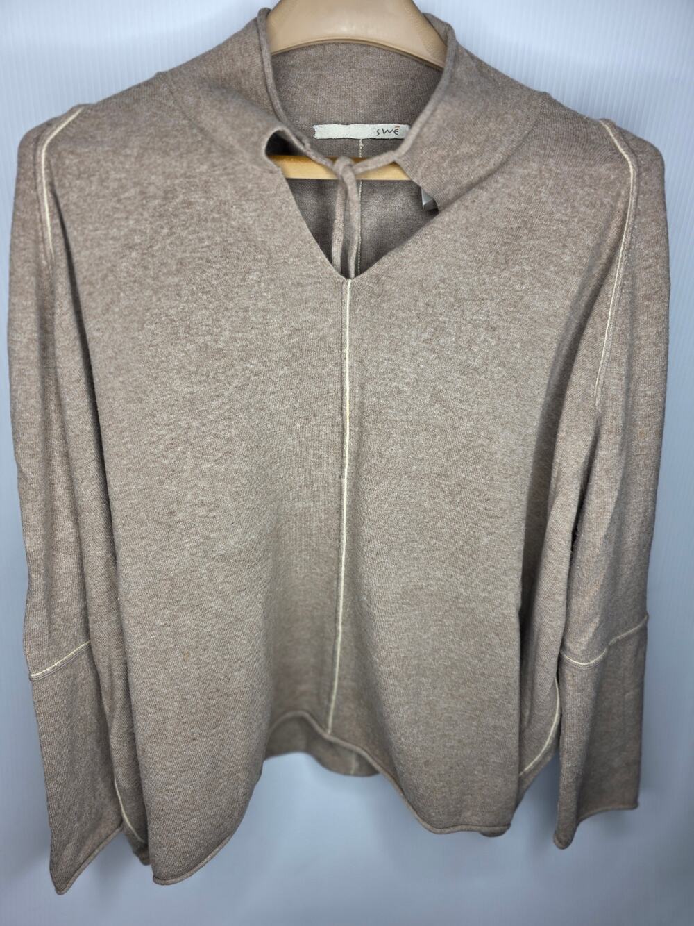 Swe Beige Cashmere Angora Blend Sweater L V-Neck Exposed Seam Cozy Minimalist